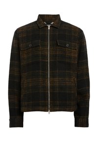Černá a hnědá kostkovaná bunda se zipem vpředu, dvěma náprsními kapsami a límcem. Vyrobena z texturované, teplé tkaniny.