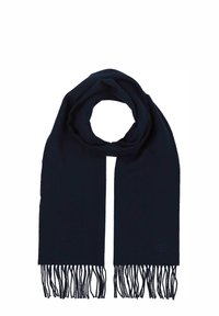 Sciarpa blu navy scuro con tessuto morbido e strutturato, rifinita con frange su entrambe le estremità. La sciarpa è piegata a forma di loop per la presentazione.