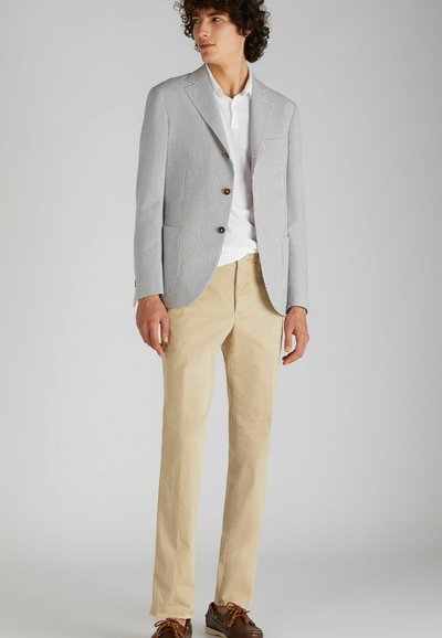 Pasiakowa marynarka w jasnoniebieskim i białym kolorze, zestawiona z białą koszulą polo i beżowymi spodniami. Brązowe buty dopełniają strój, charakteryzujący się dopasowanym krojem.