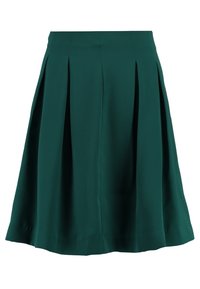 Zelená plisovaná sukně vyrobená z hladkého materiálu. Má vysoký pas a končí na polovině lýtek, s rovnoměrně rozloženými vertikálními plisemi.