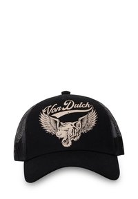 Gorra trucker negra con lados de malla, que presenta un gran gráfico de un tigre alado y el texto "Von Dutch" en color crema. La tela tiene un acabado texturizado.