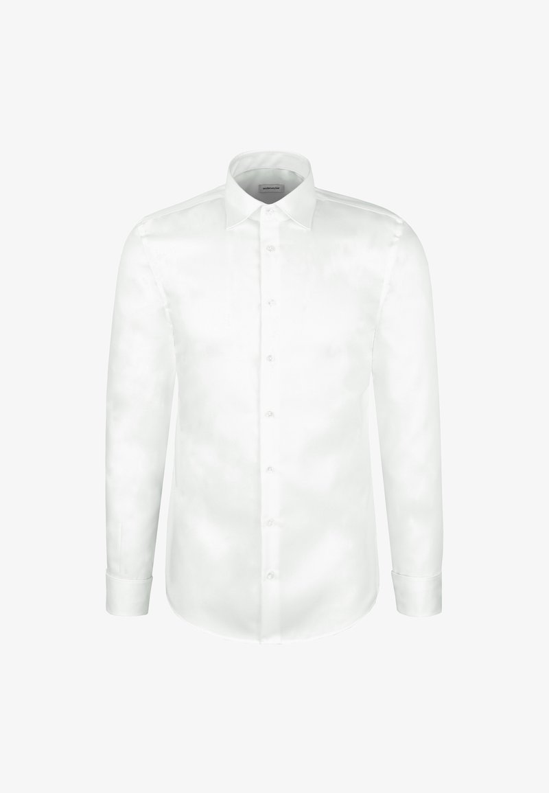 Chemise blanche à manches longues avec col classique et poignets à un bouton, présentée sur un fond blanc uni.