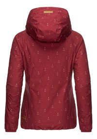 Red, hooded jacket with small anchor pattern, featuring elastic cuffs and a textured finish. Brand logo on the back near the neck.