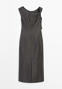 Dunkelgraues ärmelloses Midikleid aus strukturiertem Stoff mit asymmetrischem Ausschnitt und Schlitz vorne.