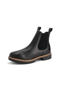 Zwarte leren Chelsea-boot met gaas zijpanelen, trekbanden, een rubberen zool en een gestructureerd oppervlak. Heeft een contrasterende beige buitenzool.