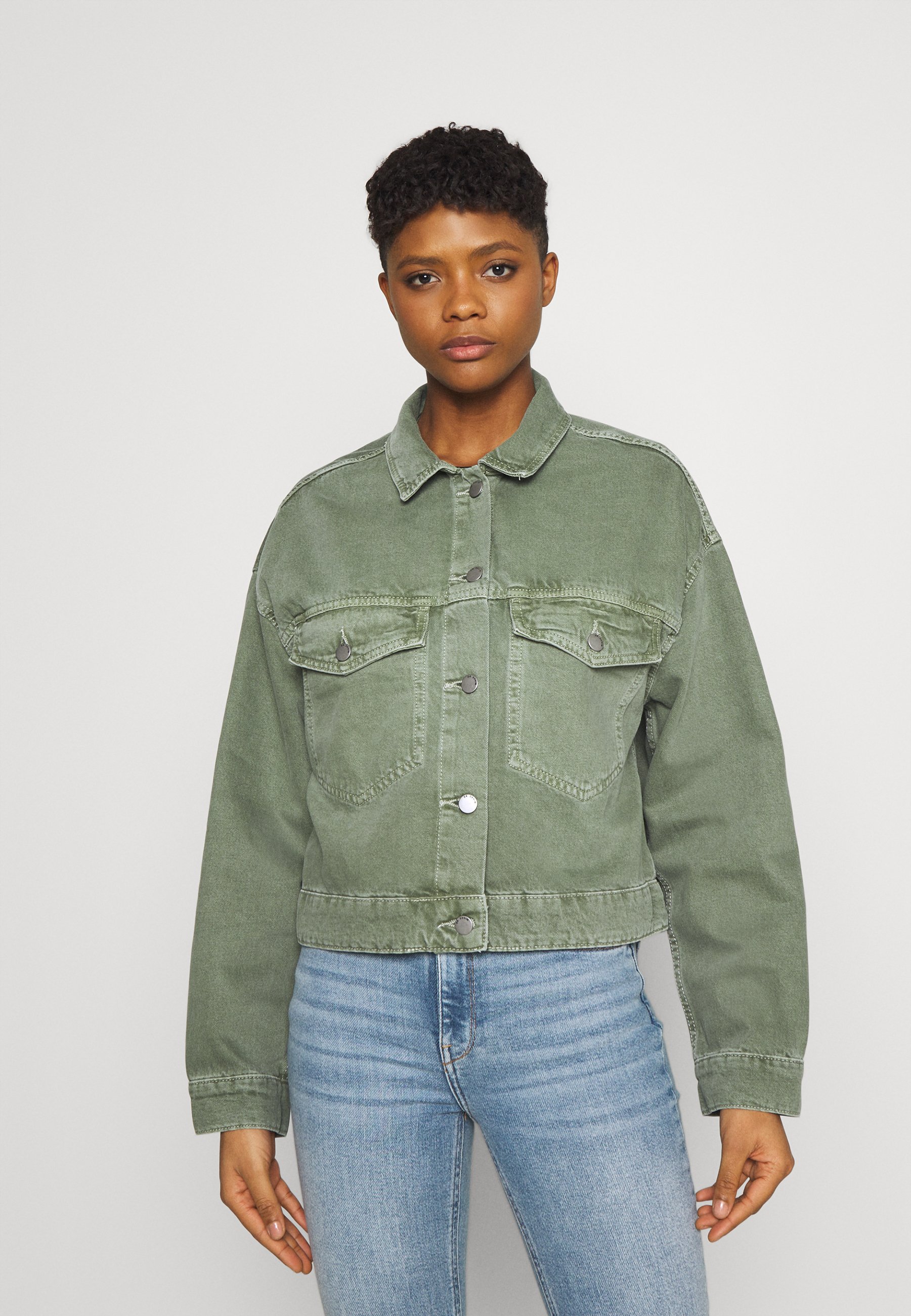 green dress denim jacket