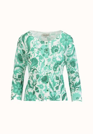Cardigan alb cu nasturi, cu mâneci lungi, decorate cu un model verde floral și frunzuri pe toată suprafața.