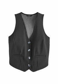 Gilet nero con finitura a righe bianche verticali, scollatura a V, cinque bottoni e due tasche frontali. Realizzato in tessuto morbido.