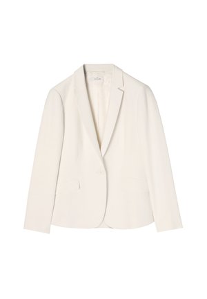 Bílý upravený blazer s klopou, zapínáním na jeden knoflík, dvěma předními kapsami a hladkou texturou látky.