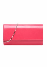 Pink patent leather clutch bag with a rectangular shape, glossy finish, and a silver chain strap. Simple design with no additional decorations.