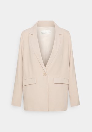 Beige blazer met één knoop, reverskraag, lange mouwen en twee voorzakken met klep in een ontspannen pasvorm.