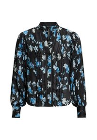 Blusa nera con motivo floreale blu, texture plissettata, scollo a V e chiusura con bottoni. Maniche lunghe con dettagli in pizzo sui polsini.