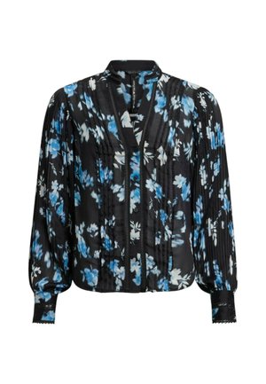Blusa nera con motivo floreale blu, texture plissettata, scollo a V e chiusura con bottoni. Maniche lunghe con dettagli in pizzo sui polsini.