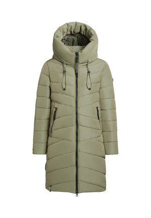 Olive green puffer coat with a high collar, zippered front, and diagonal quilted pattern. Features two side pockets with zippers.