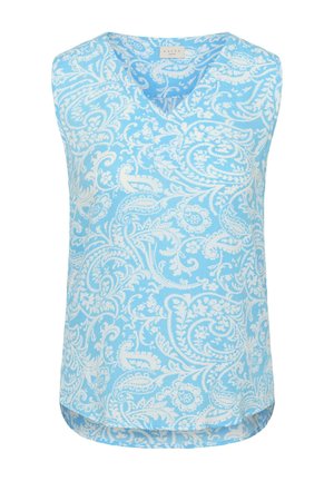 Sleeveless blue blouse with white floral paisley pattern and V-neck collar, lightweight fabric, rounded hem.