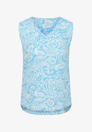 Sleeveless blue blouse with white floral paisley pattern and V-neck collar, lightweight fabric, rounded hem.