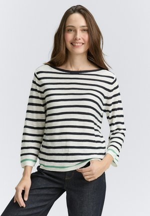 Gestreept longsleeve shirt in crème met marineblauwe lijnen, voorzien van een bootnek en kappen met groene accenten. Zacht, lichtgewicht materiaal.