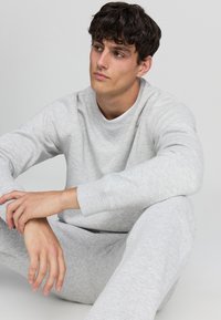 Felpa grigia in cotone con pantaloni abbinati, caratterizzata da un collo rotondo, maniche lunghe e polsini a coste. Tessuto liscio con un leggero motivo melangiato.