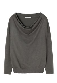 Pull en gris foncé à manches longues avec un large col drapé et des bords côtelés, présenté sur fond blanc.