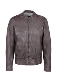 Ciemnobrązowa skórzana kurtka z przednim zamkiem błyskawicznym, kołnierzem na zatrzaski i długimi rękawami, przedstawiona na białym tle.