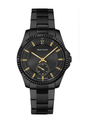 Schwarze Metallarmbanduhr mit goldenen Stundenmarkierungen und Zeigern, einschließlich einer kleinen Sekundenzifferblatt bei 6 Uhr, Marke Pierre Lannier.