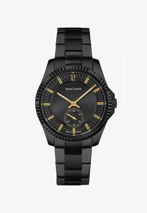 Sort metalarmbåndsur med gyldne timeindikatorer og visere, inklusive en lille sekundviser ved kl. 6, mærket Pierre Lannier.