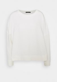 Bílá mikina s kulatým výstřihem, vyrobená z měkké látky, s volným střihem, spadlými rameny a žebrovanými lemy pro texturu a pohodlí.