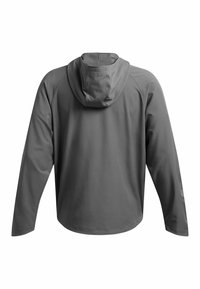 Veste à capuche grise avec une texture lisse, des manches longues et un ourlet arrondi. Elle dispose d'une capuche doublée en maille et d'un design de manches raglan.