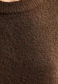 Maglione lavorato a maglia marrone con un motivo testurizzato e pezzi di filo metallico lucido. Tessuto morbido e peloso con un ampio scollo.