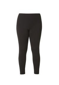 Zwarte leggings gemaakt van rekbaar materiaal met een gladde textuur, met een aansluitende pasvorm en een elastische tailleband. Geen patronen of metalen onderdelen zichtbaar.