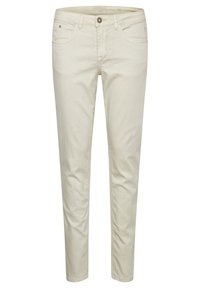 Pantalones de algodón color beige claro con un ajuste slim, diseño de cinco bolsillos y cierre de botón. Presentan costuras sutiles y una textura suave.