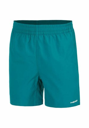 Kort teal sportbroekje met elastische tailleband en logo op de rechteronderkant, ontworpen voor sportief of casual gebruik.