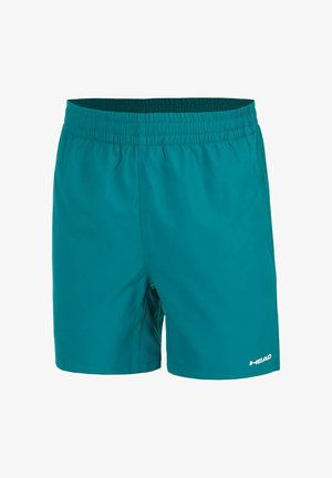Kort teal sportbroekje met elastische tailleband en logo op de rechteronderkant, ontworpen voor sportief of casual gebruik.