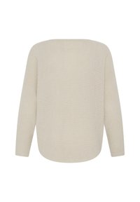 Pull beige en maille avec manches longues et ourlet arrondi, présenté de dos sur fond blanc.