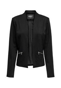 Blazer féminin noir cintré avec manches longues, devant ouvert et deux poches zippées à l'avant.