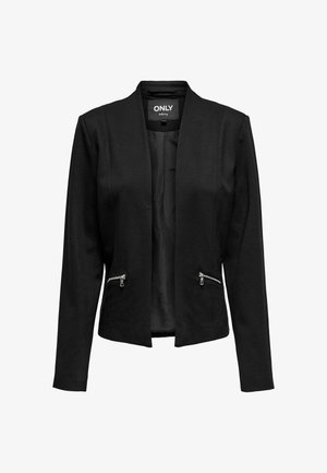 Zwarte op maat gemaakte vrouwenblazer met lange mouwen, een open voorkant en twee voorzakken met rits.