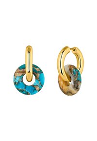 Pendientes de aro de oro con colgantes circulares de piedra turquesa y marrón, con patrones únicos y un acabado brillante.
