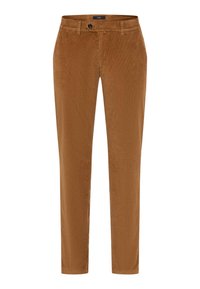 Bruine corduroy broek met een slim fit, voorzien van een knoopsluiting aan de voorkant, riemlussen en een gladde textuur.