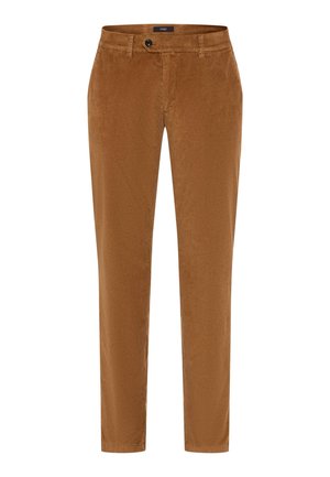 Braune Cordhosen mit Slim-Fit, frontaler Knopfverschluss, Gürtelschlaufen und glatter Textur.
