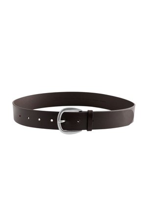 Brown leather belt with a smooth finish, featuring five adjustment holes and a silver-tone metal buckle.