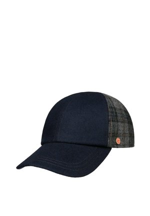 Navy blue baseball cap with a gray plaid panel on one side and a small round red logo badge.