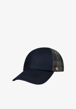 Navy blue baseball cap with a gray plaid panel on one side and a small round red logo badge.