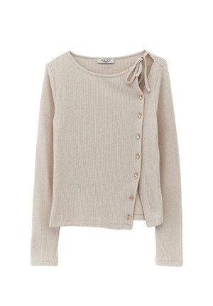 Top a maniche lunghe beige a coste con fiocco laterale e bottoni dorati sulla parte anteriore. Tessuto morbido e vestibilità leggermente ampia.