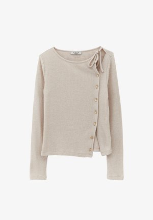 Top a maniche lunghe beige a coste con fiocco laterale e bottoni dorati sulla parte anteriore. Tessuto morbido e vestibilità leggermente ampia.