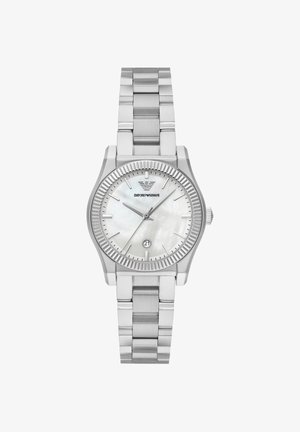 Silberne Armbanduhr aus Edelstahl von Emporio Armani mit Perlmutt-Zifferblatt, drei Zeigern, Datumsfenster bei 6 Uhr und geriffelter Lünette.