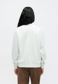 Jasnoszary sweter z długimi rękawami oraz ribbowym wykończeniem u dołu i na rękawach. Charakteryzuje się prostym, nieozdobionym wzorem, miękką fakturą i luźnym krojem.