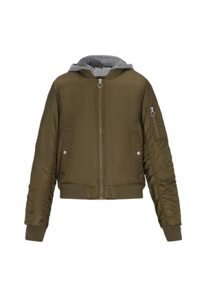 Oliven grøn bomberjakke med grå hætte, frontlukkebeslag, sidelommer og ribbede manchetter. Har teksturerede ærmer med syningsdetaljer.