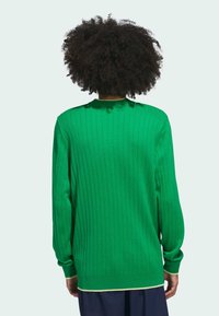Grøn ribbet sweater med lange ærmer, rund halsudskæring og kontrasterende kant ved kanten. Blød tekstur og afslappet pasform med lodrette mønstre.