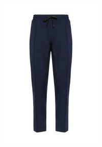 Navy jogger pants made of soft fabric, featuring an elastic waistband with a drawstring, side pockets, and tapered leg design.