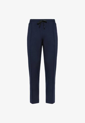 Pantaloni jogger navy in tessuto morbido, caratterizzati da una vita elastica con coulisse, tasche laterali e design a gamba affusolata.